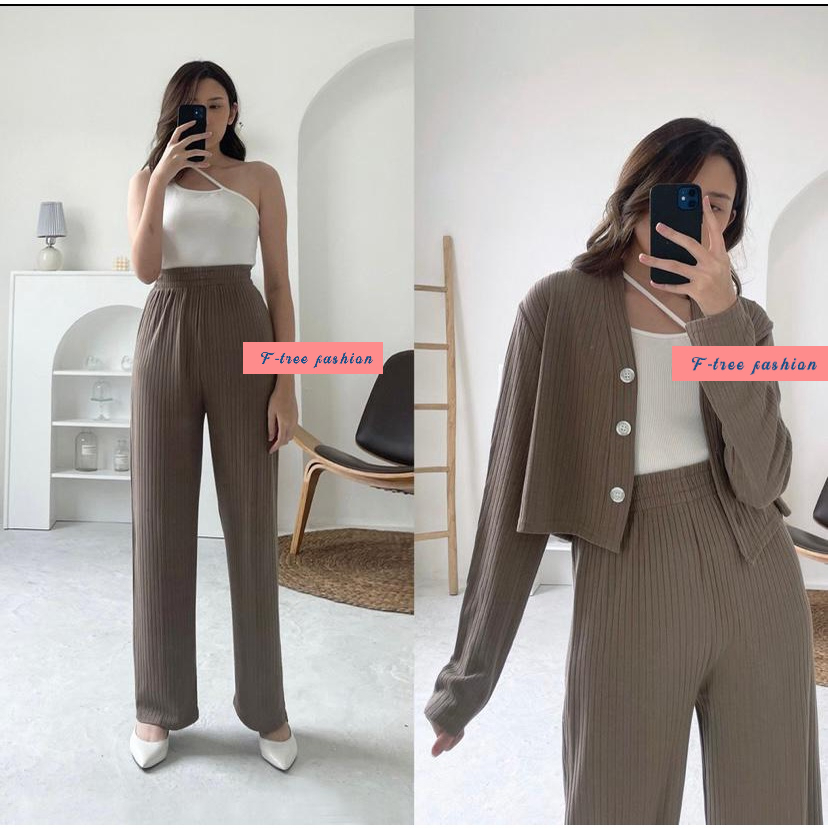 [FTREE] One Set Baju Setelan Celana Wanita Terbaru Outer Kekinian knit rib cardigan kulot