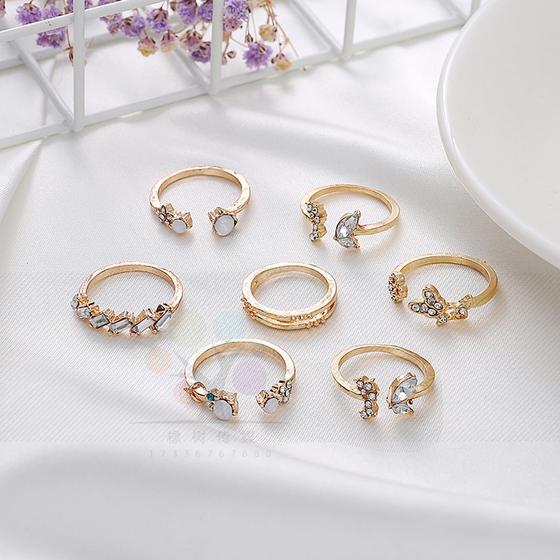 [7Pcs Set Fashion Vintage Geometric Crystal Flower Butterfly Adjustable Open Rings For Women] [ Elegant Ladies Smooth Fine Thin Finger Ring] [Lovely Jewelry Gifts For Girl Friends]