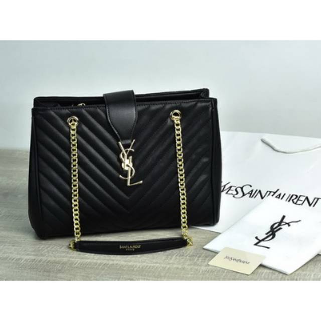 Tas YSL Shopper Matelasse Monogram Chevron Large Hitam 