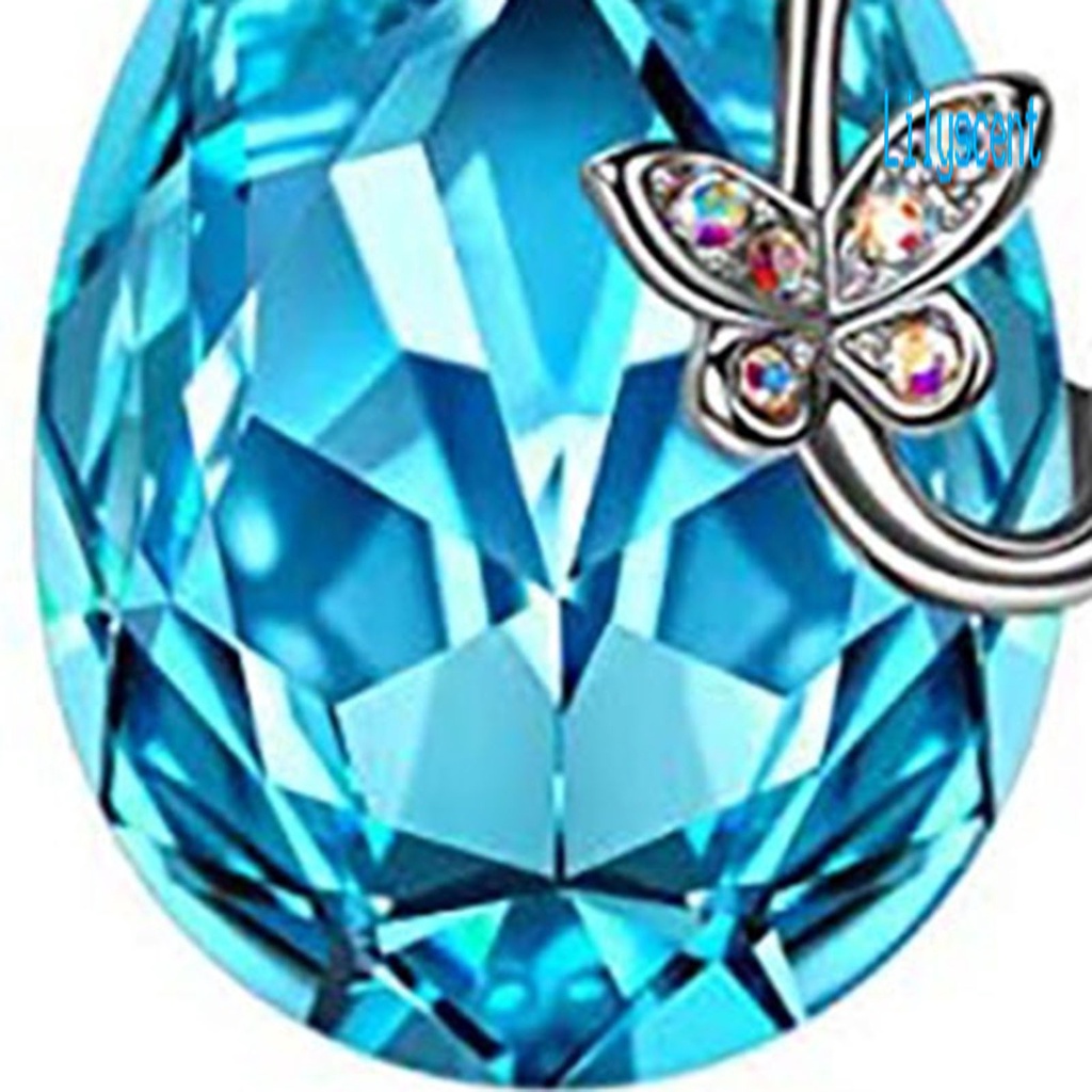 Kalung Rantai Desain Butterfly Waterdrop Aksen Kristal Imitasi Warna Biru Bahan Silver Plated Untuk Wanita