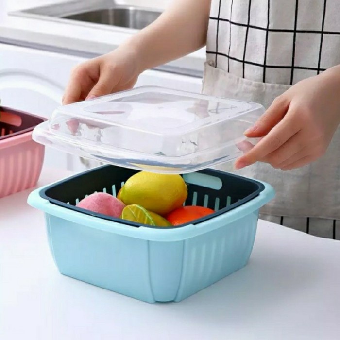 BASKOM SARINGAN PERSEGI + TUTUP 2 IN 1 TEMPAT BUAH SAYUR SERBAGUNA TERBARU
