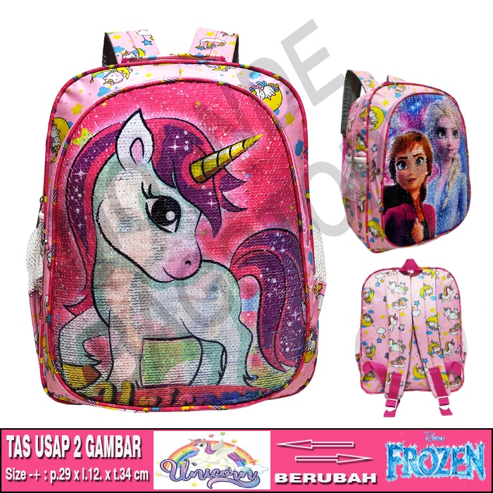 Tas ransel usap Sequin 2 gambar Anak sekolah SD karakter LOL UNICORN HELLO KITTY PONY FROZEN