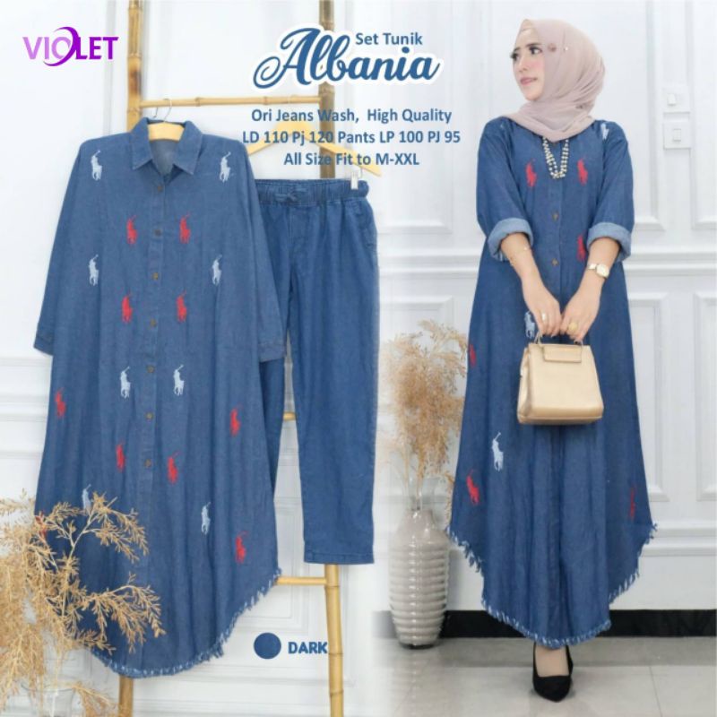 Albania One Set Setelan Celana Tunik Polos Jeans Rawis Bordir Polo Ld 110 Jumbo Fit X Busui Kancing 