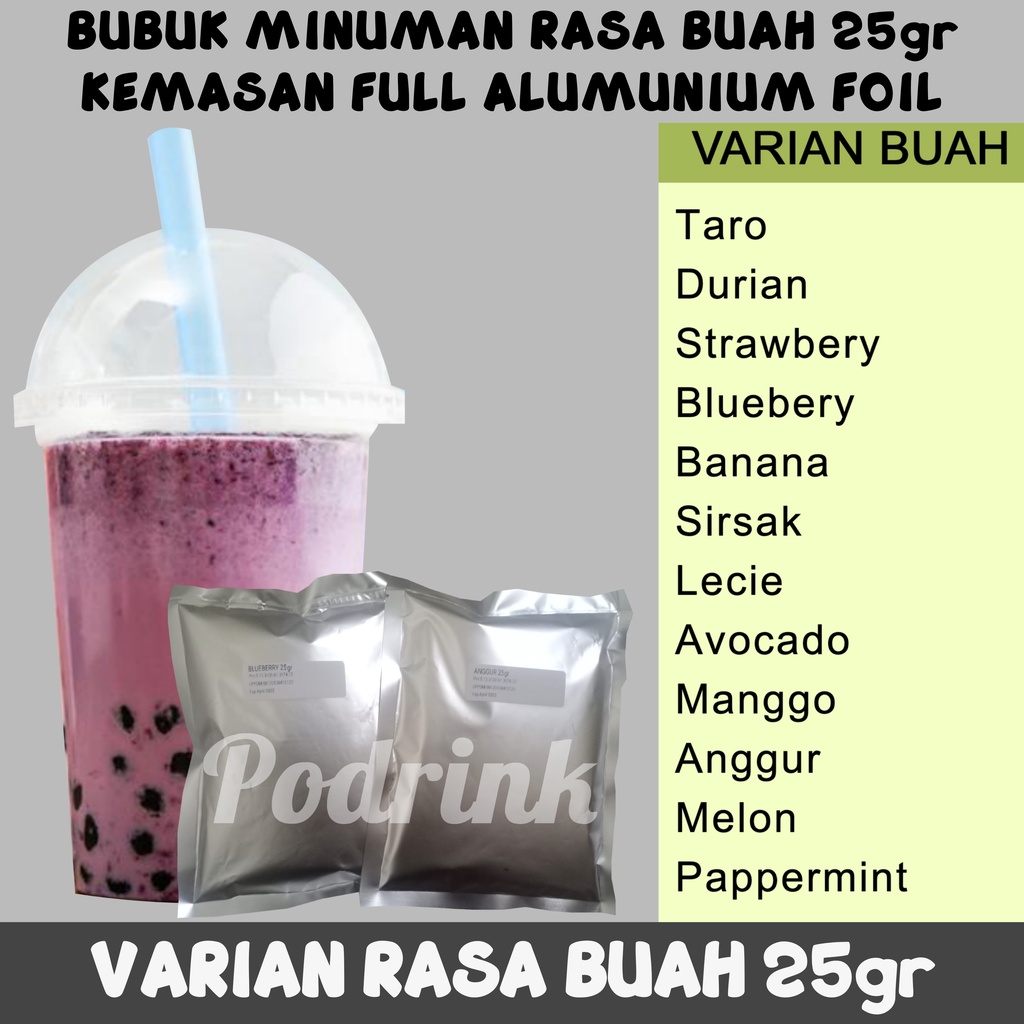 

Bubuk Minuman 25gr Murah Varian Buah Untuk Boba, Esblend, Jellydrink dsb (mix gula)