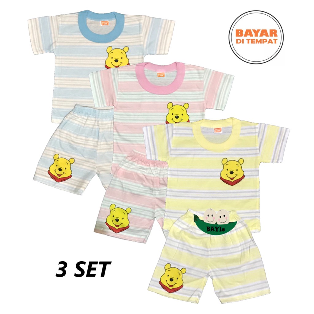 Bayie - 3 SET Setelan Pendek Kaos Oblong Bayi/Anak Laki-laki/Perempuan STRIP PROTO 3-12 bulan