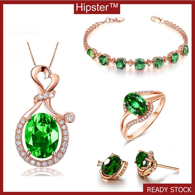 Retro Adjustable Ring Beryl Rose Gold Bracelet Moissanite Stud Earrings Green Treasure Pendant Jewelry Set