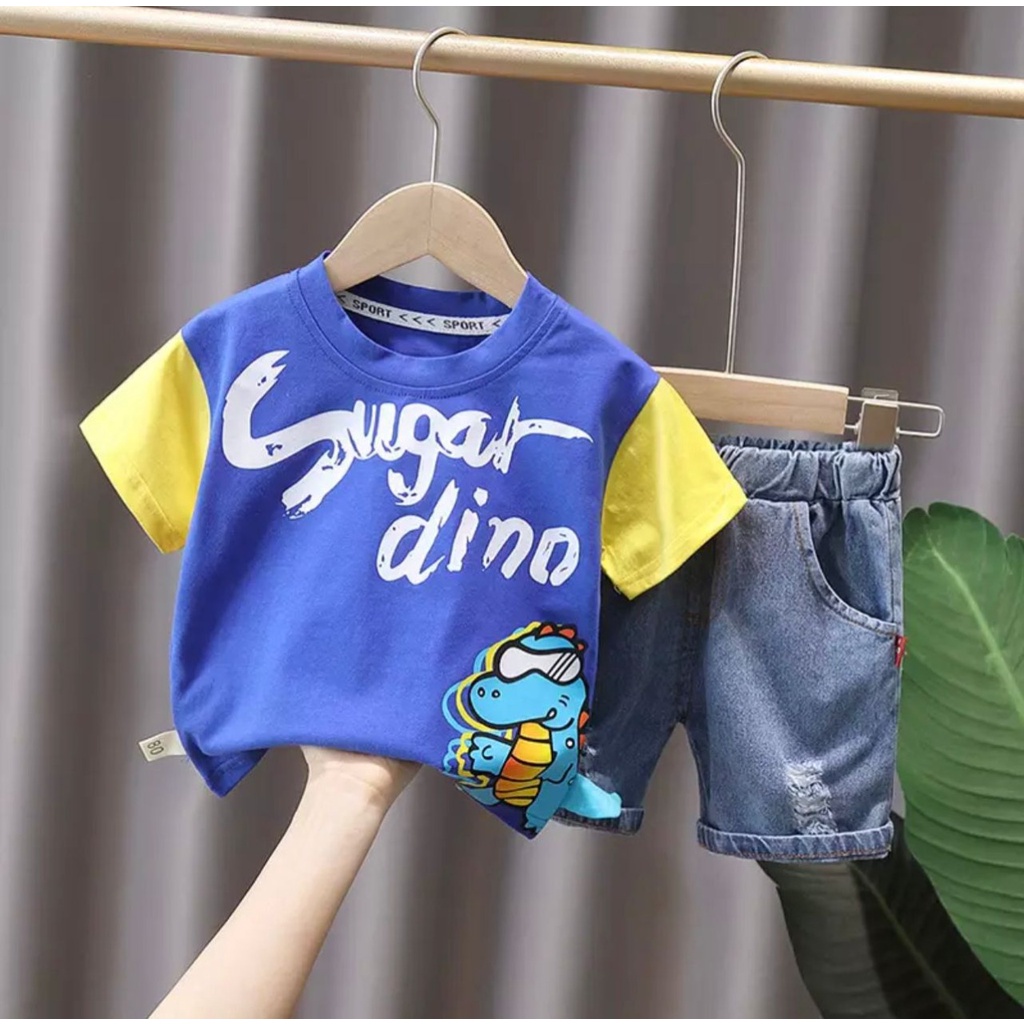 SETELAN BAJU ANAK TERBARU MOTIF SUGAR DENIM DINO CELANA DENIM PENDEK 1-5 TAHUN SETELAN BAJU ANAK TERBARU SETELAN BAJU ANAK LAKI LAKI DAN PEREMPUAN