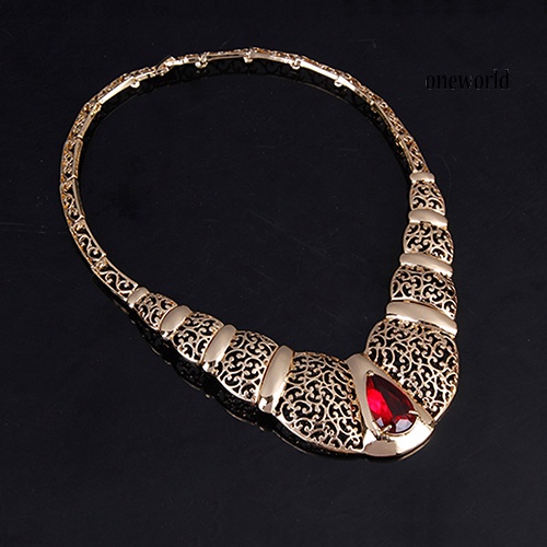 OW@ Luxury African Style Teardrop Rhinestone Hollow KC Gold Plated Lady Jewelry Set