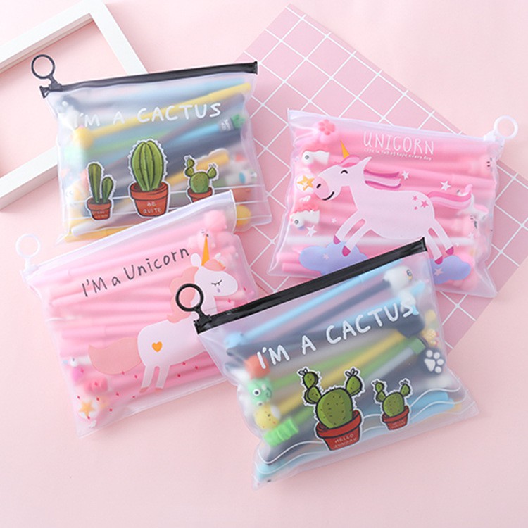 Retaily HL0078 Pena Karakter Set Pouch Isi 20 Pcs Tempat Pensil Transparan Zipper Bag