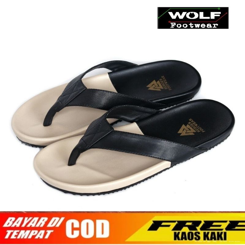 NEIL BLACK |WOLF x HEROES| Sandal Jepit Pria Casual / Sandal Distro / Sandal Kulit / Sandal Murah