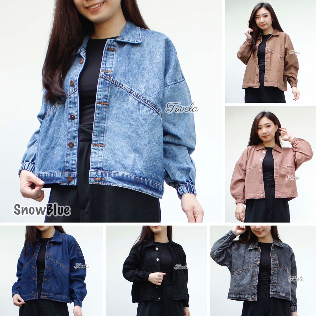 TRIVELA - Jaket Jeans Oversized Karet / Jaket Jeans Vintage Karet / Jaket Vintage Warna Wanita / Jaket Jeans Retro