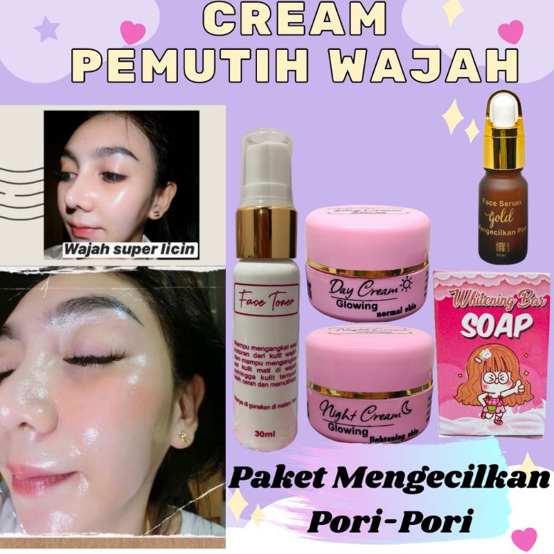 (PAKET MENGECILKAN PORI-PORI + SERUM GOLD) Cream pemutih wajah ampuh SKINCARE Pemutih wajah Cream wa