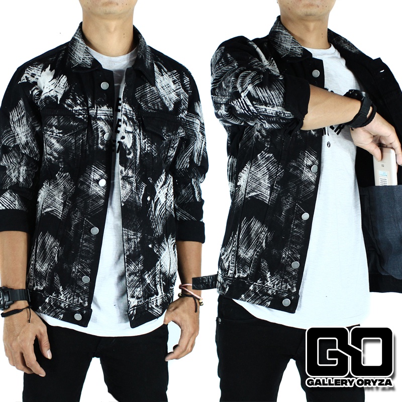 JAKET JINS PRIA MOTIF BRUSH ASTRO JAKET JEANS HITAM PRIA UKURAN M - XL JAKET KEREN KEKINIAN GAYA ROC