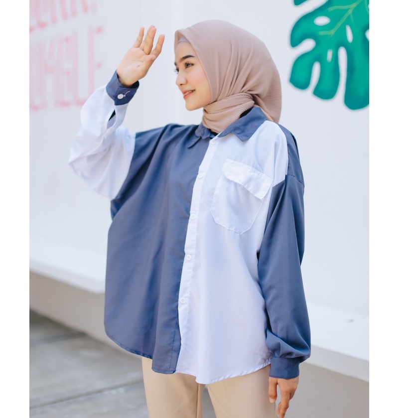 (DBY) KEMEJA ATASAN AGALA TWO TONE BLOUSE DAILY OVERSIZE WOLFIS