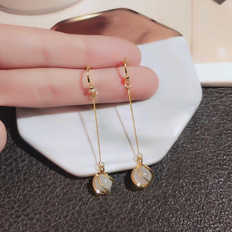 Anting Stud Rumbai Panjang Opal Gaya Korea Untuk Wanita