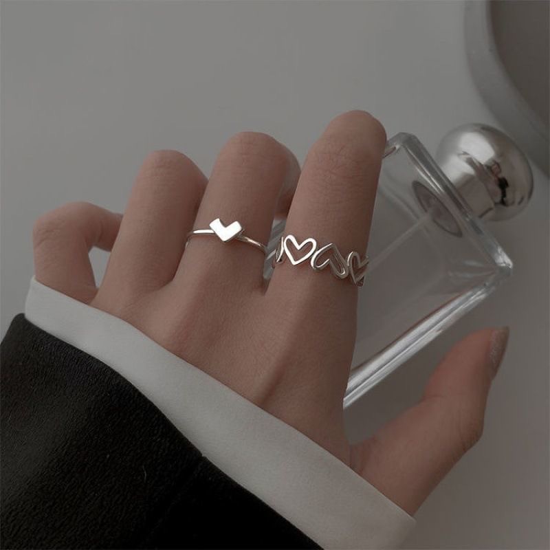 2pcs / Set Cincin Jari Telunjuk Model Terbuka Desain Hati Hollow Untuk Wanita