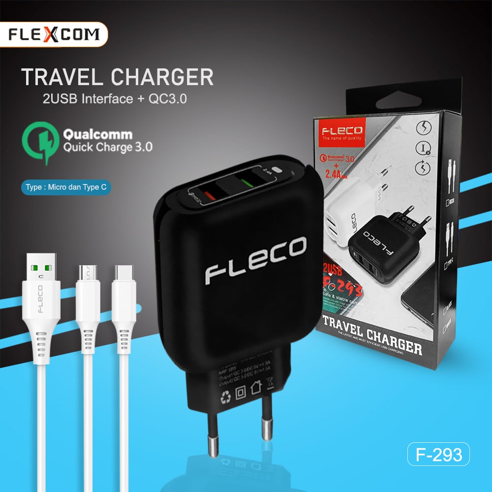 CHARGER FLECO F-293 ORIGINAL Cas Dual Port Output Usb High Speed Fast Charging QC 3.0A Kabel Micro T