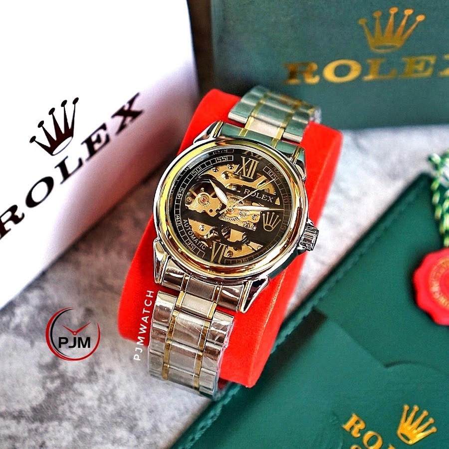 Premium (RRW) Jam ROLEX AUTOMATIC Skeleton Transparan Tali Rantai Jam Tangan Pria Mesin Matic