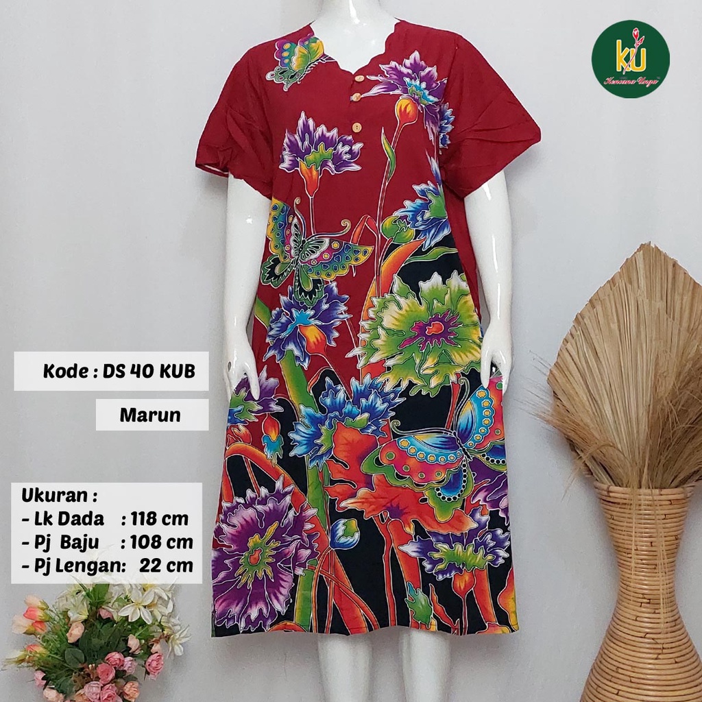COD DS40 KUB | Daster Batik Kencana Ungu Asli Label Biru Ukuran Jumbo | Baju Santai Tidur Wanita Dewasa Kancing Depan Busui Friendly Motif Terbaru-Marun A