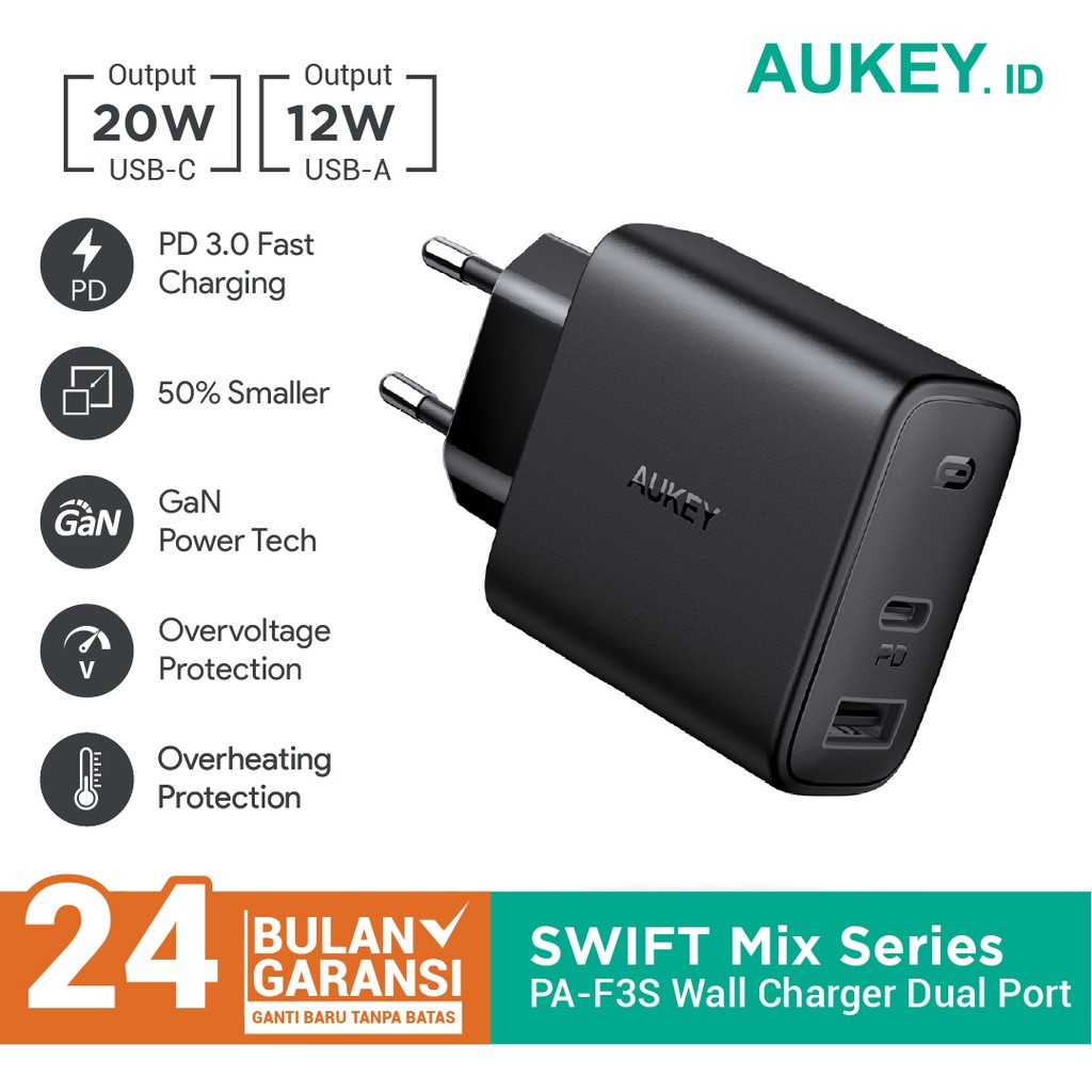 AUKEY PA-F3S - Swift Series - Dual Port Charger 32W Max Support PD 3.0 - Charger 2 Port 32W MAX