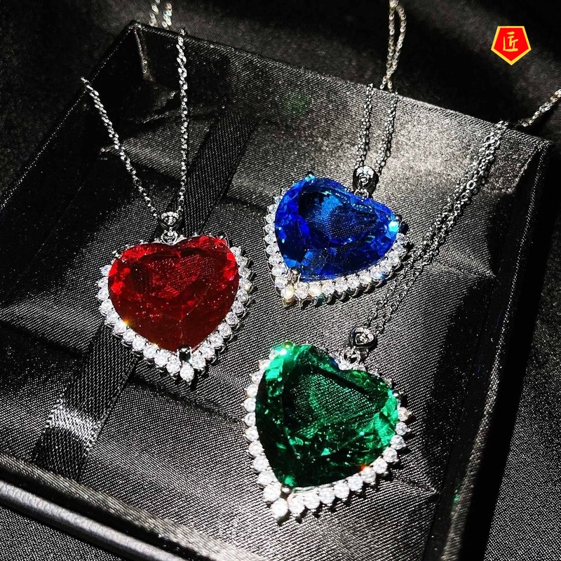 [Ready Stock]Tanzanite Sapphire Ocean Heart Pendant Emerald Necklace Elegant