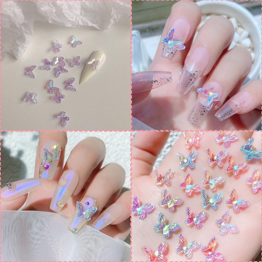 10pcs Stiker Kupu-Kupu 3D Aurora Glitter Dua Lapis Warna-Warni Untuk Dekorasi Nail Art