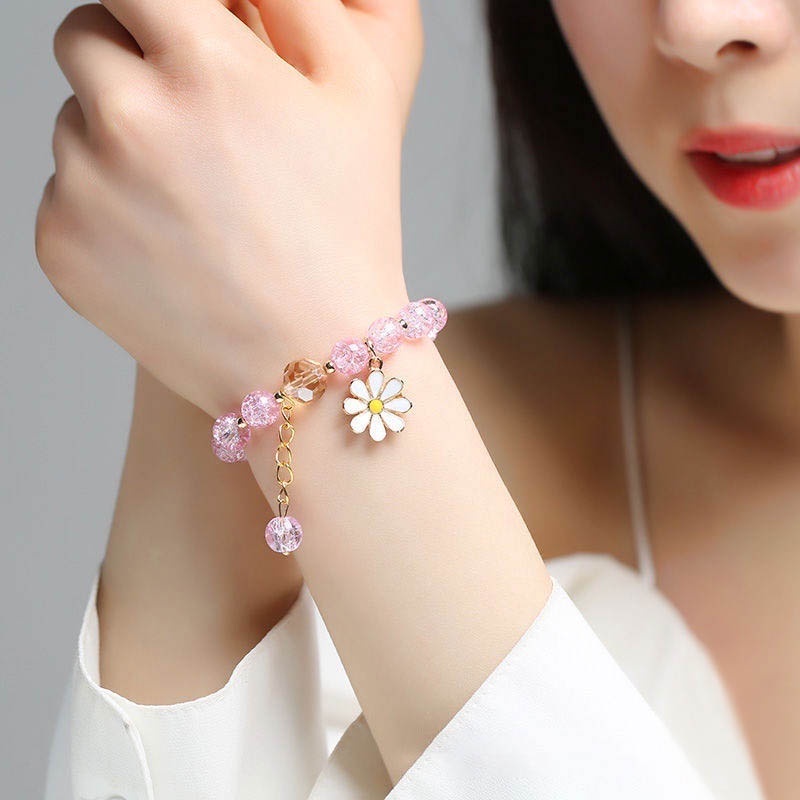 Gelang kristal wanita cantik daisy aesthetic style bahan bola akrilik tali melar