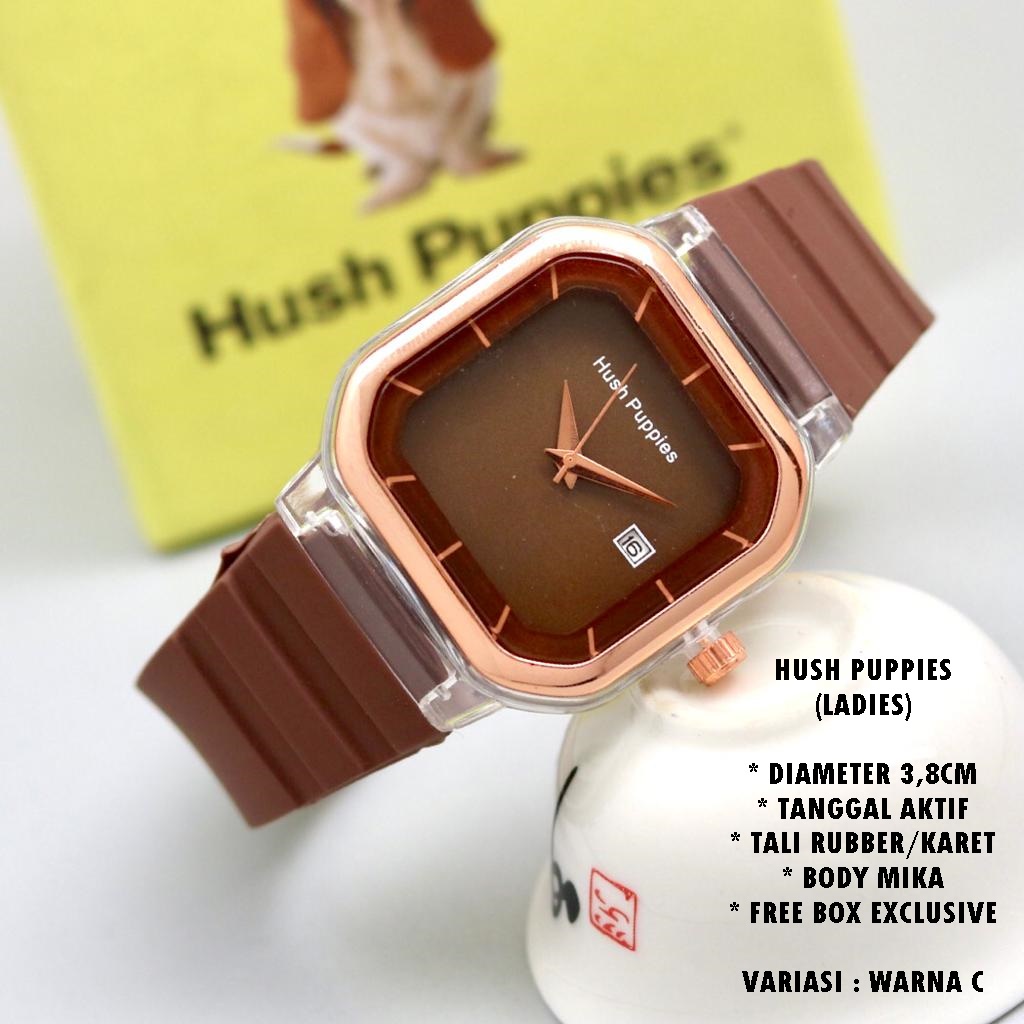 (FREE BOX) JAM TANGAN WANITA HUSH PUPPIES TALI RUBBER BODY SEGI TANGGAL AKTIF