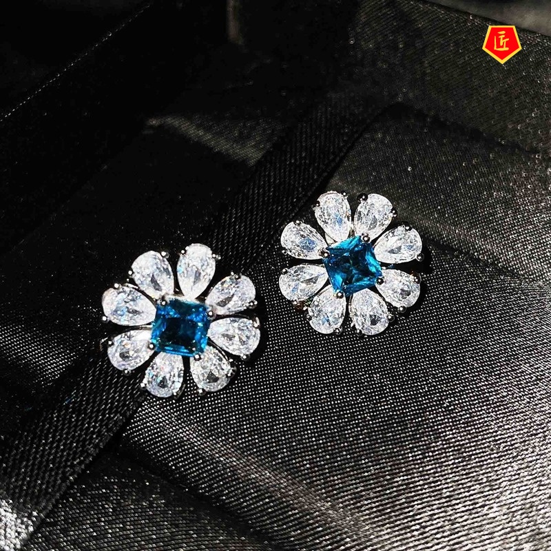 [Ready Stock]Natural Blue Topaz Necklace Ear Stud Ring Set for Women