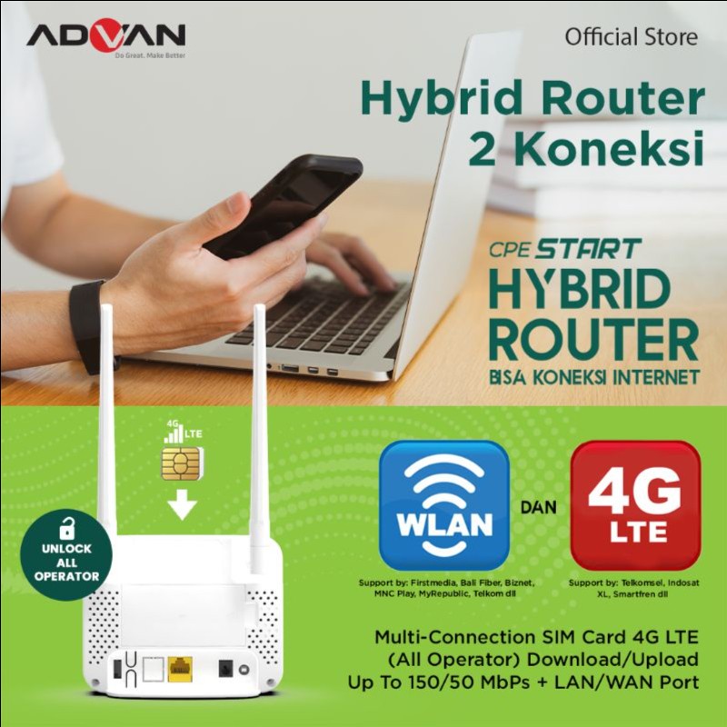 Advan Router CPE Start 4G LTE + WLAN Wifi Free Telkomsel Orbit 150GB 6 Bulan