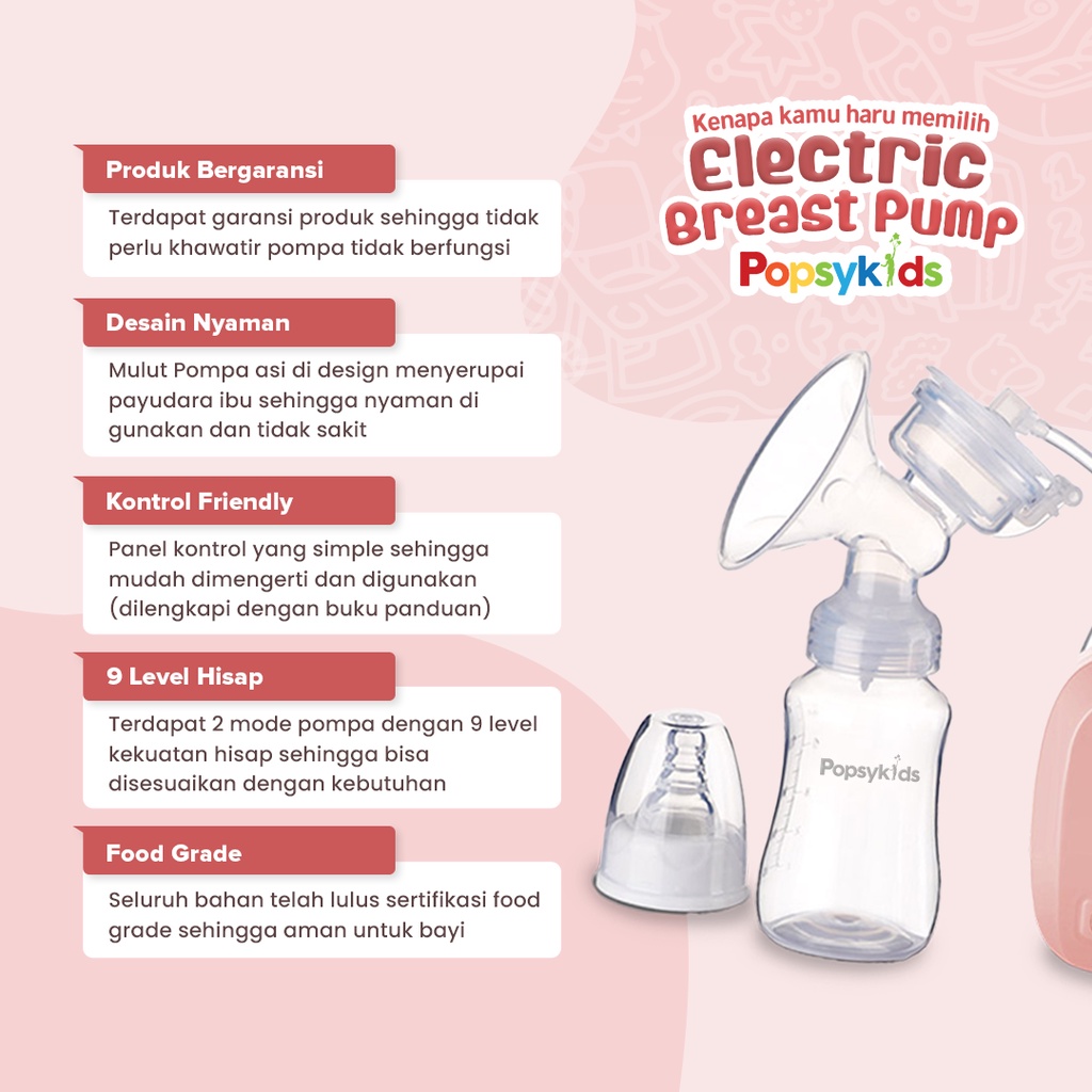 PopsyKids Electric Breast Pump - Pompa ASI Elektrik – Food Grade BPA Free Automatic Handy Electric Breast Pump