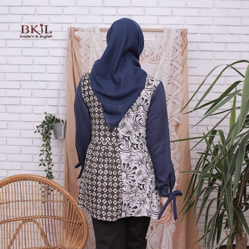 BLOUSE BATIK BAJU WANITA BATIK KANTOR LENGAN PANJANG motif lengan pita navii