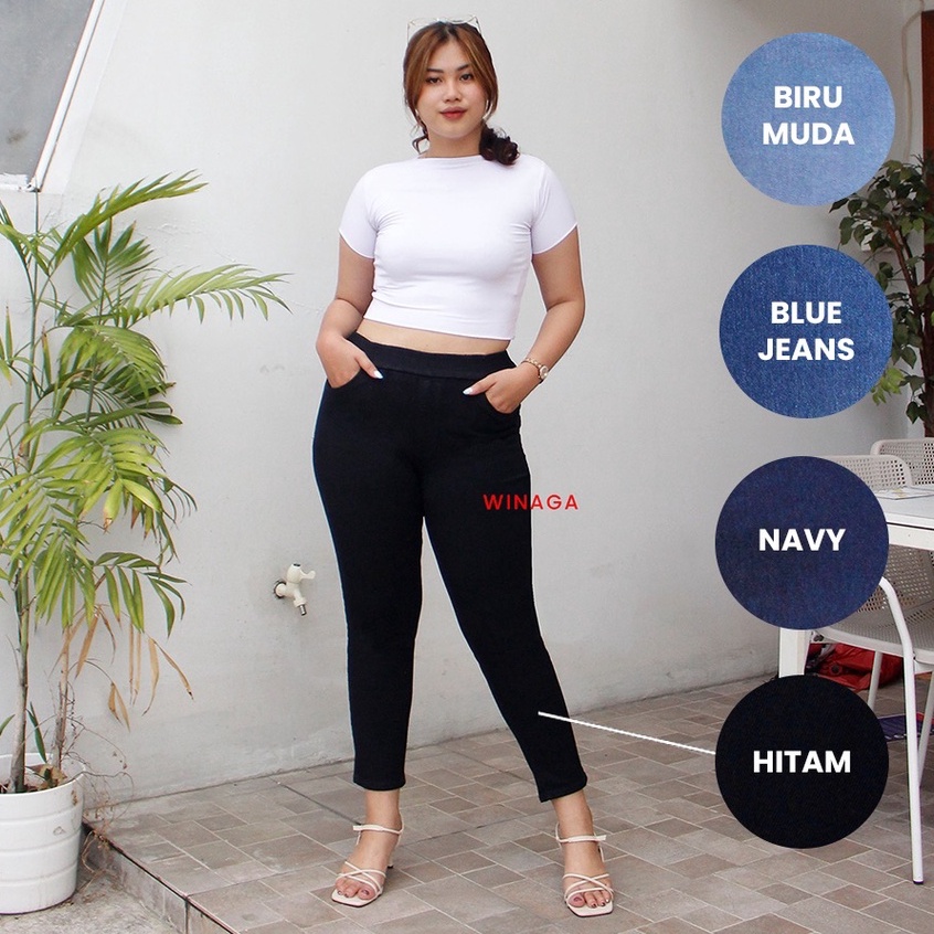 WINAGA- Legging Jeans Jumbo Wanita Big Size Stretch Pinggang Karet