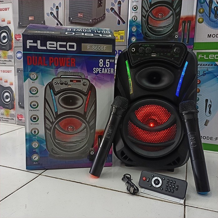 Speaker Bluetooth Karaoke Fleco F-8606F / Speaker Fleco 8,5 Inch Gratis Mic Wireles 2pcs