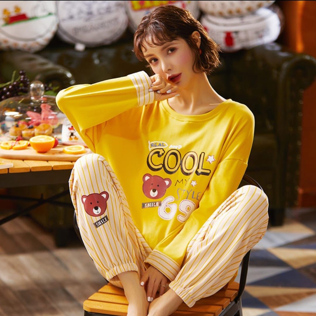 HS COD Piyama PP Kaos Premium Import Wanita / Stelan Baju Tidur Wanita Murah/ Baju tidur lengan panjang-5