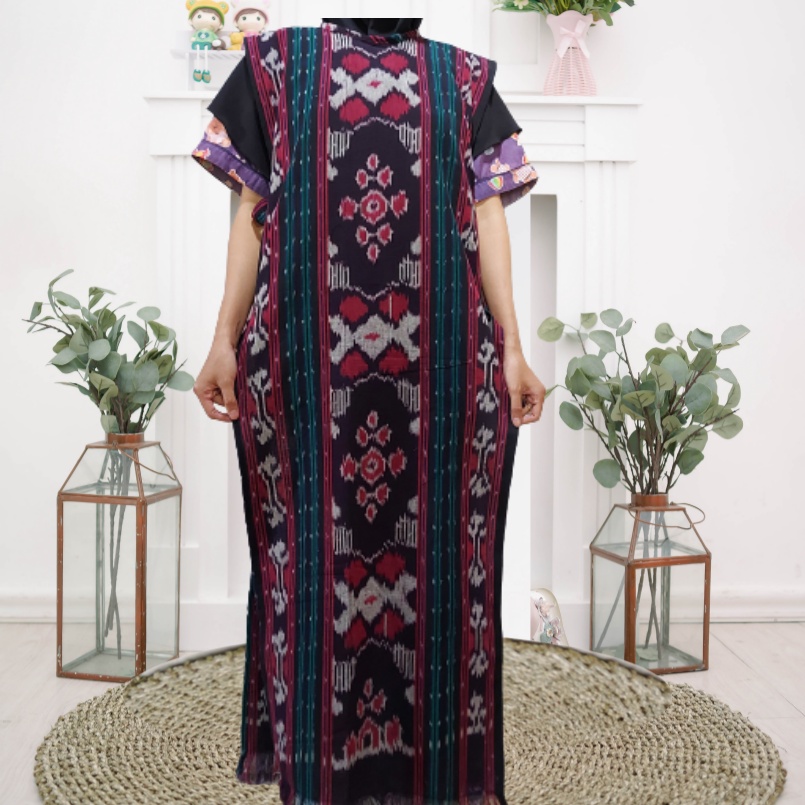 Long Vest Outer Wanita Muslim Hitam Putih Tenun Etnik Baju oter Muslimah Rompi Panjang Tanpa Lengan-Bunga