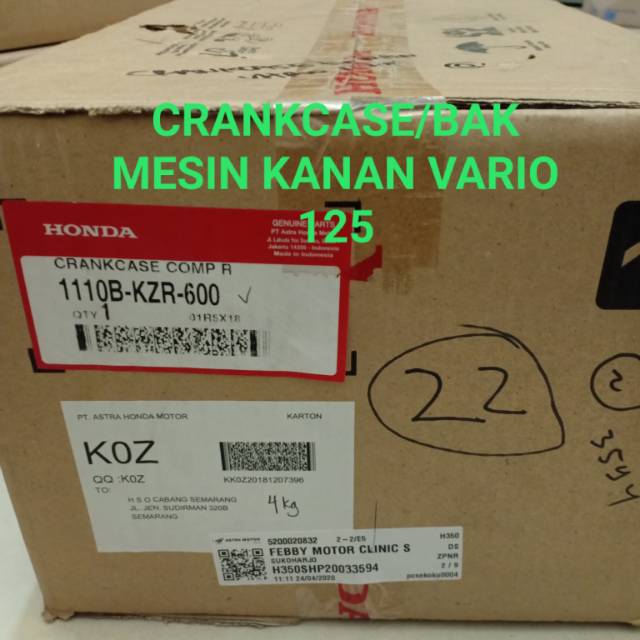 CRANKCASE-BLOK MESIN KANAN HONDA VARIO 125 LAMA ORIGINAL AHM 1110B-KZR-600