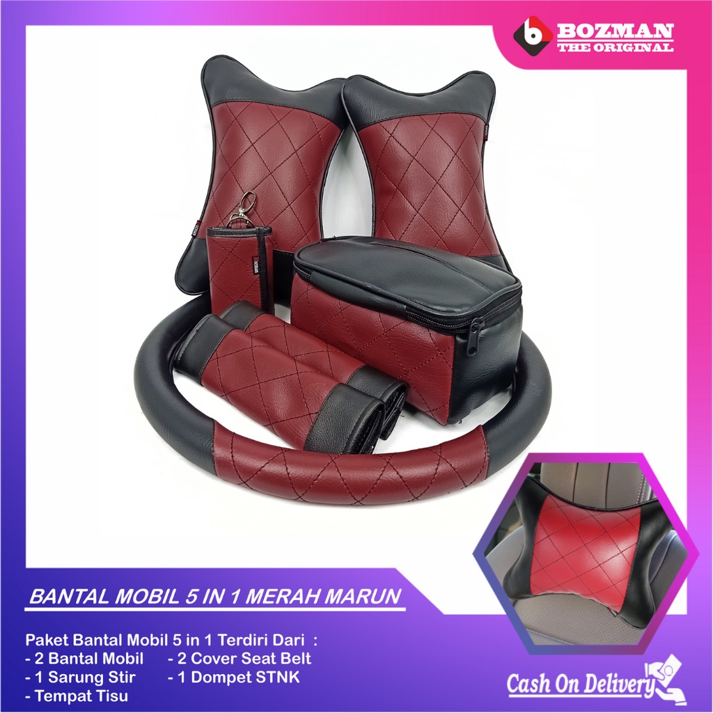 Set Bantal Mobil 5 in 1 Premium Bantal Leher Cover Stir Seatbelt Tempat Tisu Free Dompet STNK