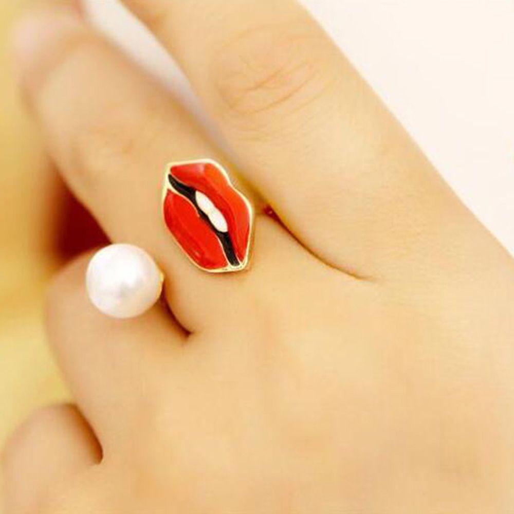 Mxbeauty Cincin Knuckle Adjustable Desain Gigi Bibir Merah Hias Mutiara Untuk Wanita