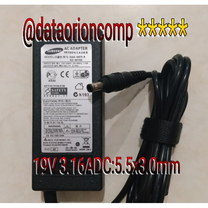 Adaptor Charger Samsung 19V 3.16A DC: 5.5*3.0 mm