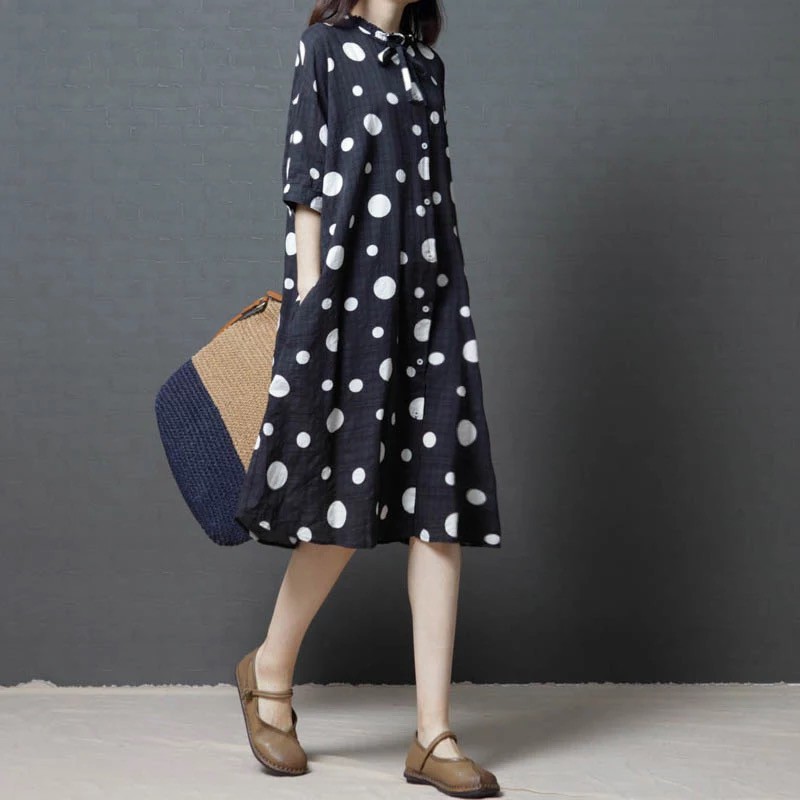 \ud83d\udd25Dress Midi Gaya Korea Model Lengan Setengah Motif Polkadot Ada Ukuran Besar untuk Wanita