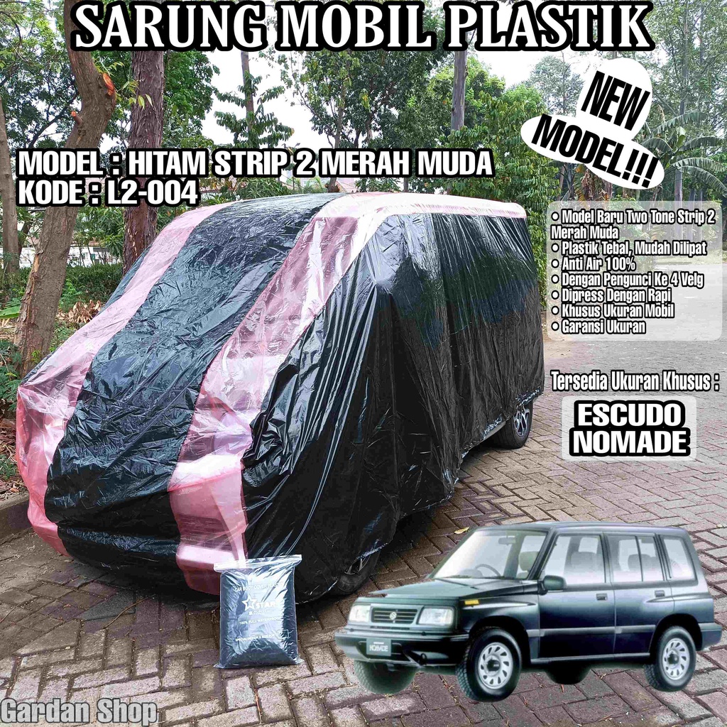 Sarung Mobil Plastik ESCUDO NOMADE Hitam Strip 2 Merah Muda Full Anti Air Full Waterproof