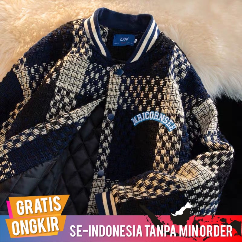 Varsity Jacket Retro Import Style Korea Fashion Streetwear Amerika Rajutan Plaid Kerah Bisbol Berlap