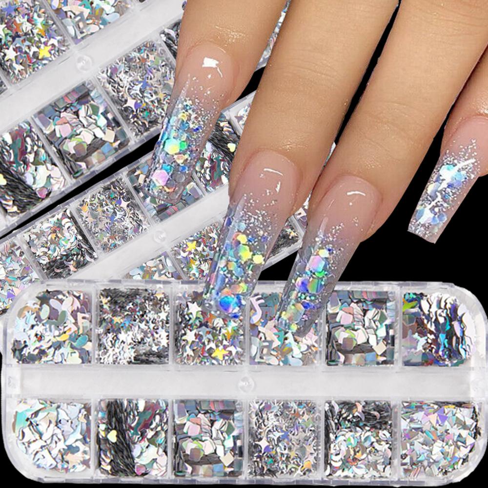 Mxbeauty Hologram Kuku Payet Laser Gadis Wanita Kupu-Kupu DIY Nail Art Bulan Bintang Hati Huruf Inggris Nail Art Dekorasi