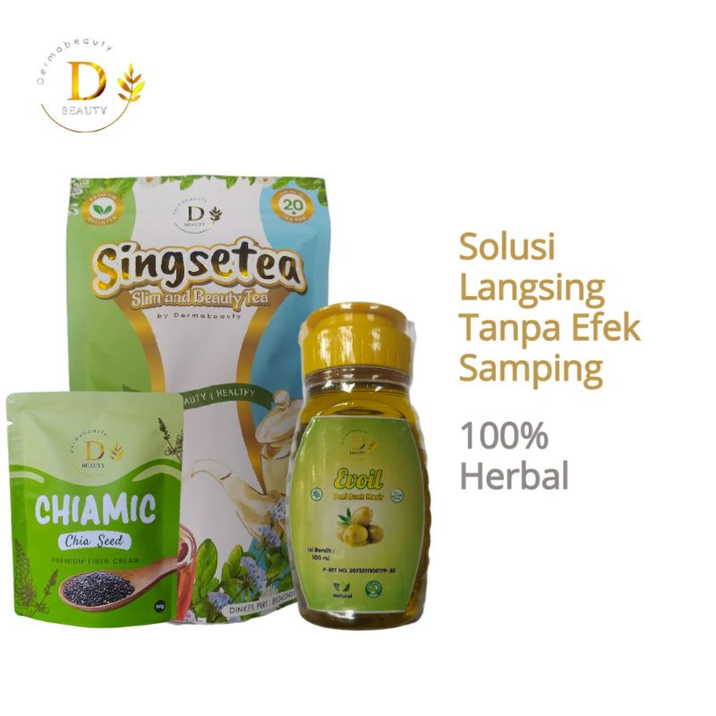 PAKET SINGSETEA DAN EVOIL CHIAMIC LENGKAP PELANGSING BADAN ORI HERBAL DERMA BEAUTY SINGSET TEA SLIM