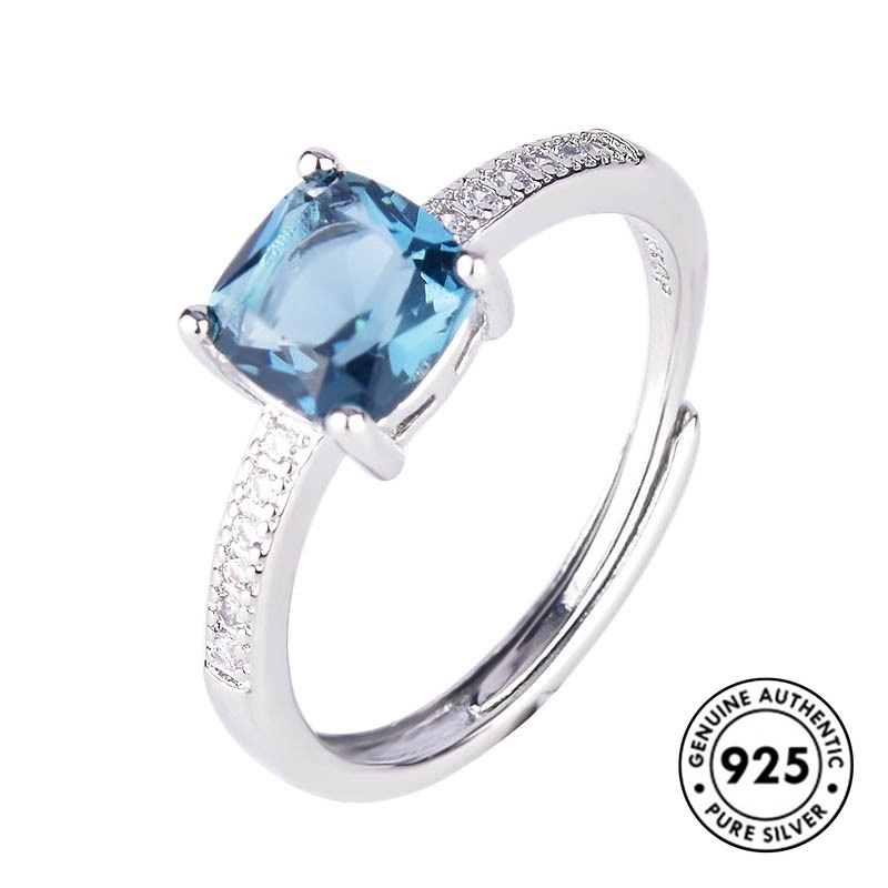 Cincin Sterling Silver 925 Dengan Berlian Imitasi Bentuk Kotak Warna Biru Untuk Wanita