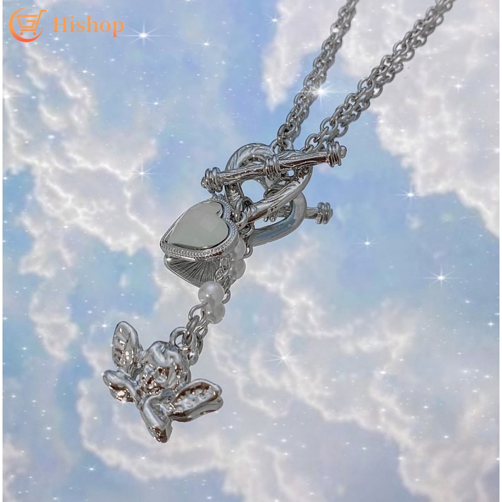 Korean Style Necklace Angel Pendant Heart OT Buckle Elegant Chain Women Fashion Accessories