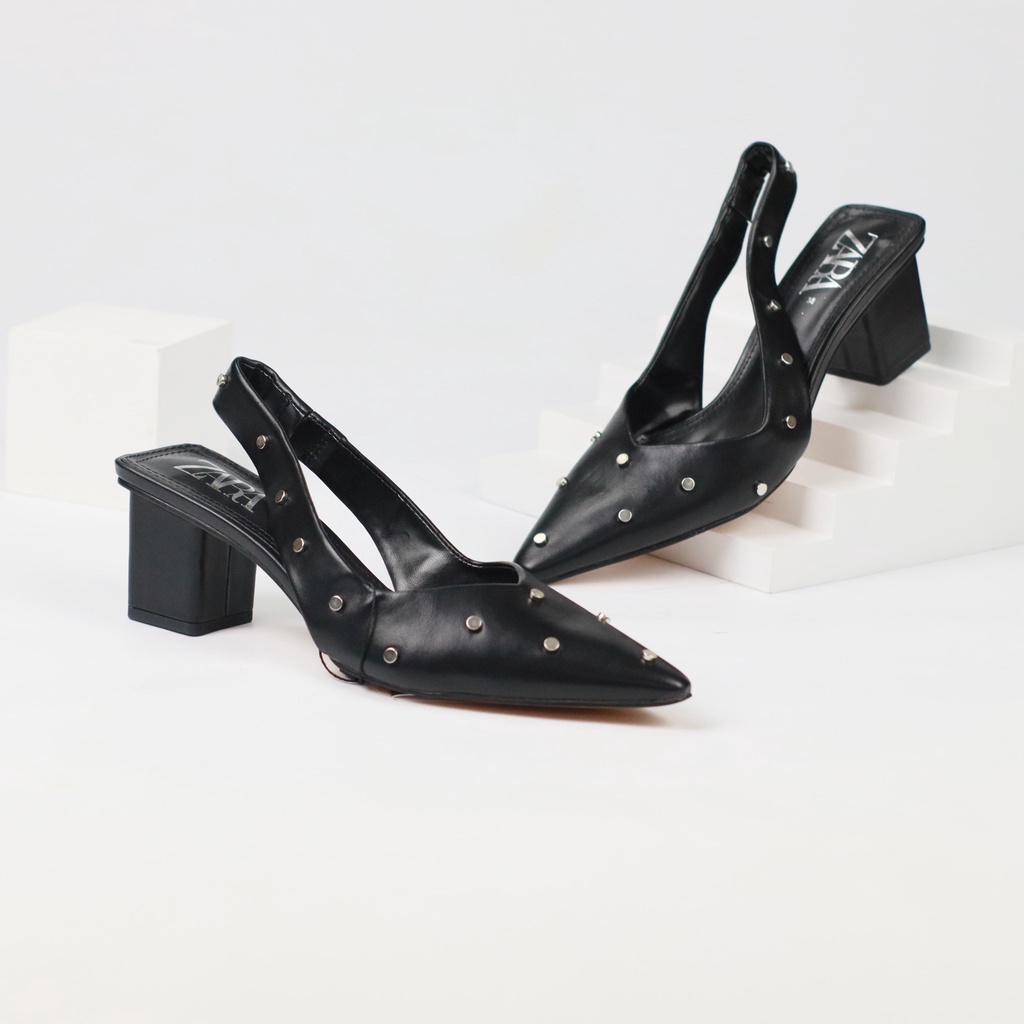 [7.7 Boombastis Sale⚡] - SEPATU SHOES WANITA ZS292 STUDDED LEATHER SLINGBACK HEELS PREMIUM IMPORT