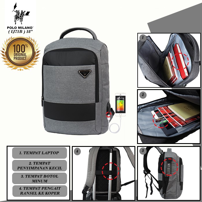 TAS RANSEL PRIA POLO MILANO - IJ71B - TAS IMPORT - USB ANTI AIR - MULTIFUNGSI FREE BOTOL - TERMURAH