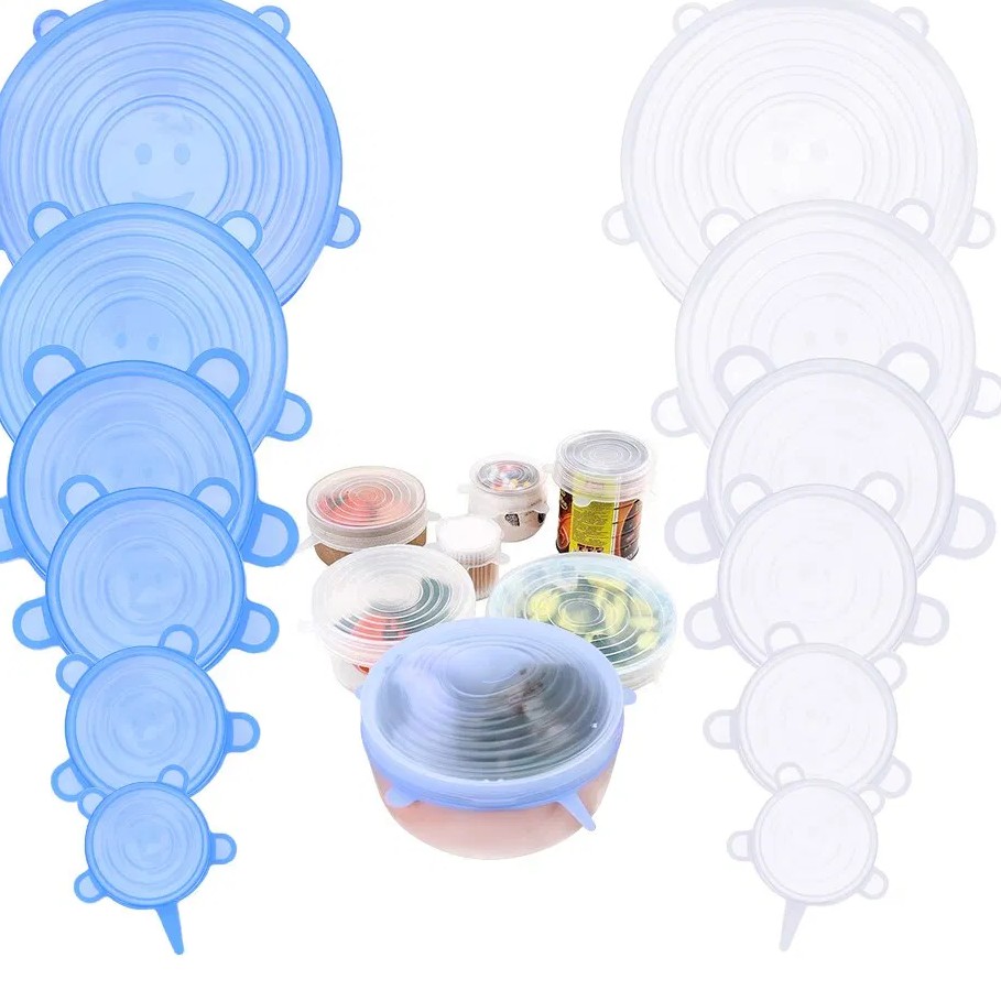 PLASTIK MANGKOK - MICROWAVE / KITCHEN REUSABLE SILICONE WRAP MICROWAVE BOWL SEAL COVER BLUE 6PCS